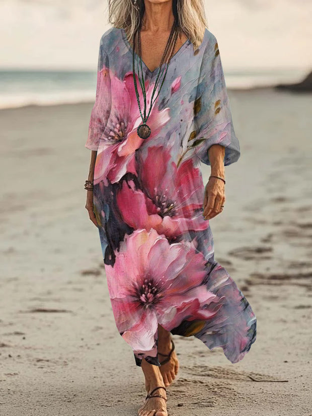 Retro Fashion Floral Print Casual V-Neck Midi Dress