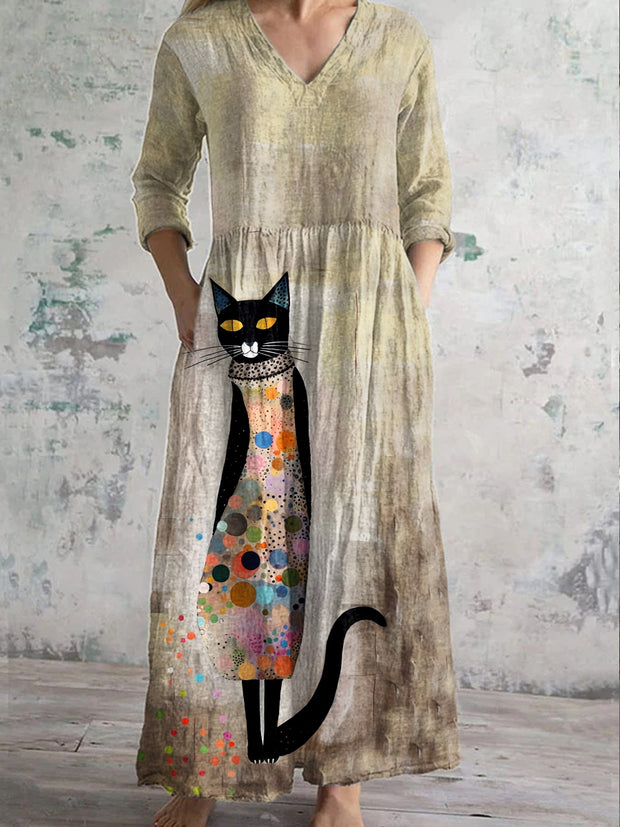 Retro Fashion Cute Cat Print Casual Midi Dress