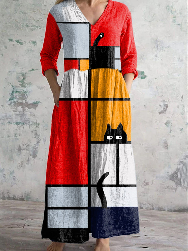 Retro Fashion Cute Cat Print Casual Midi Dress