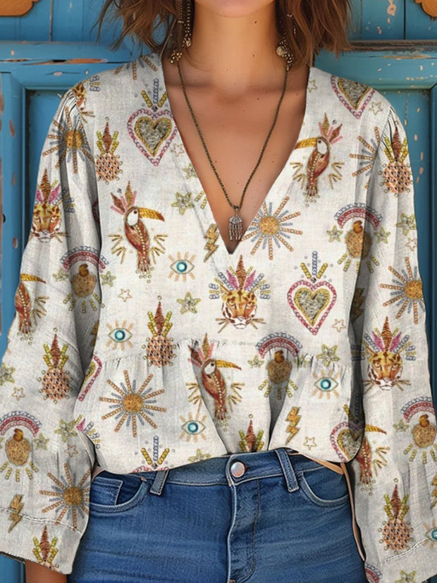 Women's Vintage Floral Art Print V-Neck Casual Cotton and Linen Shirt Top