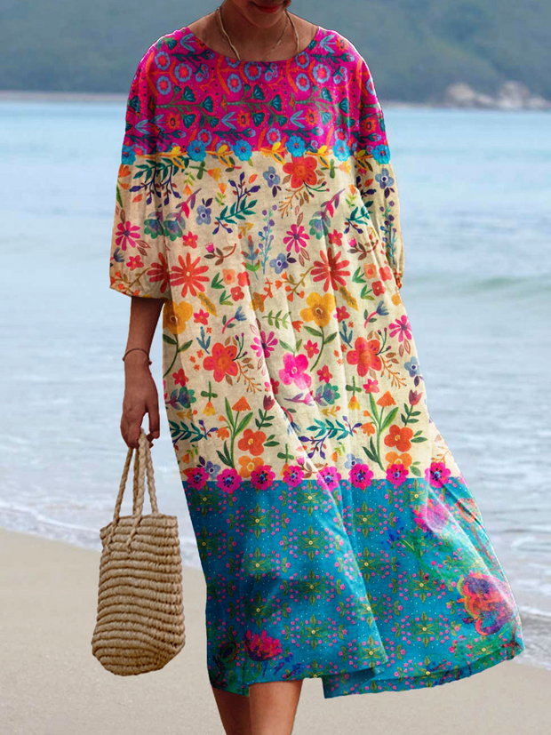 Women's Vintage Floral Print Chic Round Neck Bohemian Elegant Midi