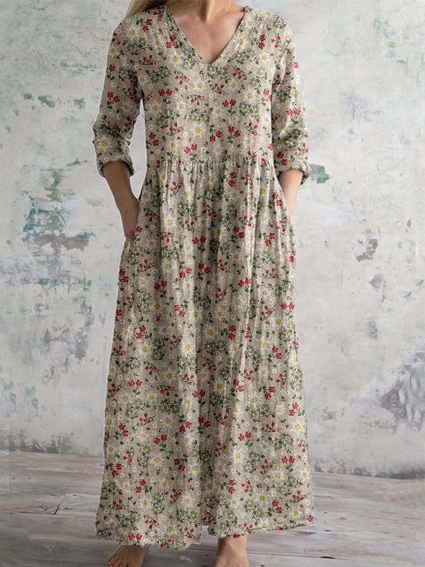 Women's Vintage Floral Print Chic V-Neck Bohemian Elegant Midi