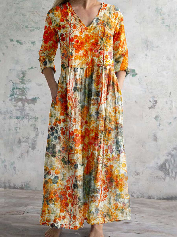 Women's Vintage Floral Print Chic V-Neck Bohemian Elegant Midi