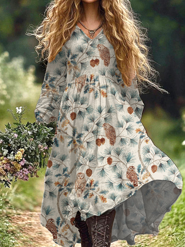 Retro Fashion Floral Textured Print Casual V-Neck Midi Dress