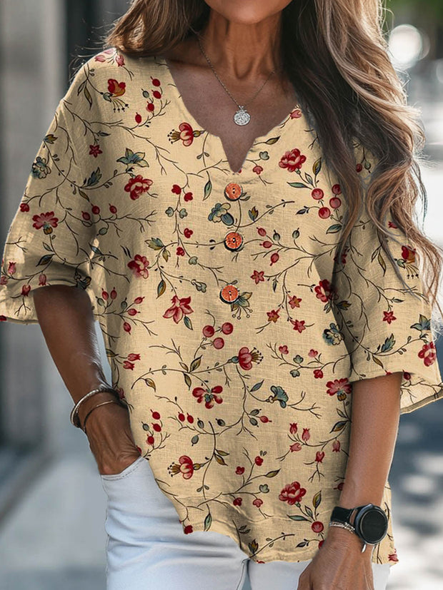 Women's Vintage Floral Art Print V-Neck Casual Cotton and Linen Shirt Top