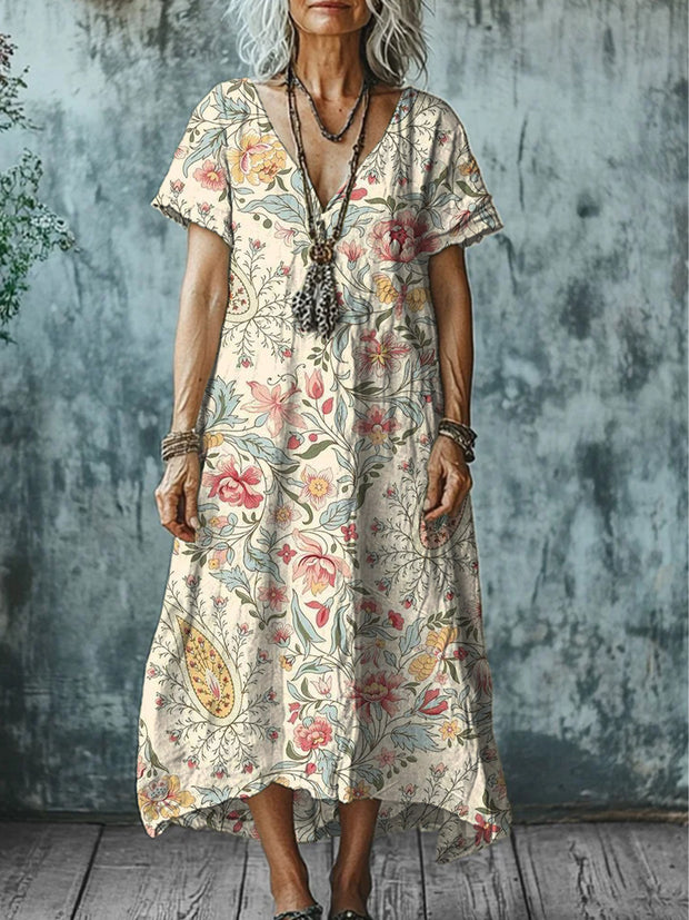 Vintage Floral Print V-Neck Short Sleeve Midi Dress