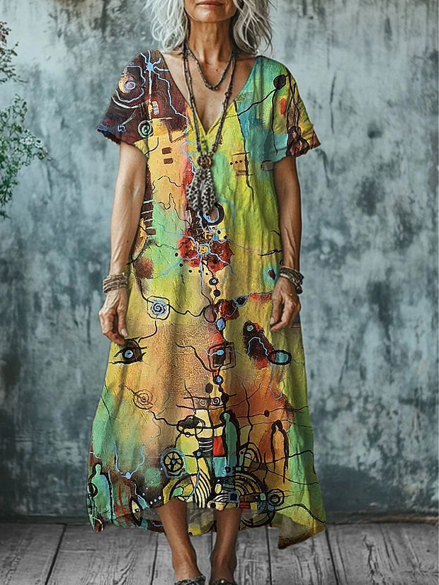 Vintage Color Abstract Floral Print V-Neck Short Sleeve Midi Dress