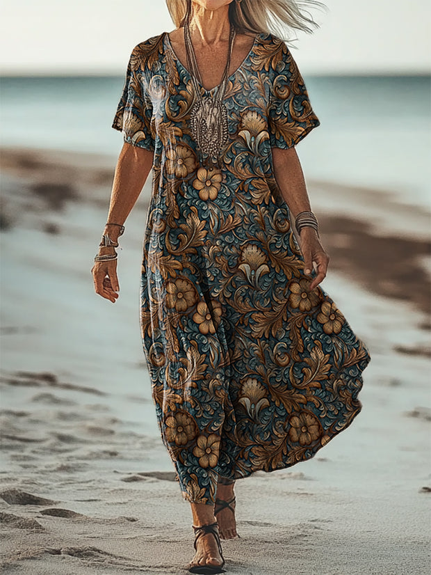 Vintage V-Neck Floral Art Print Elegant And Chic Loose Midi Dress