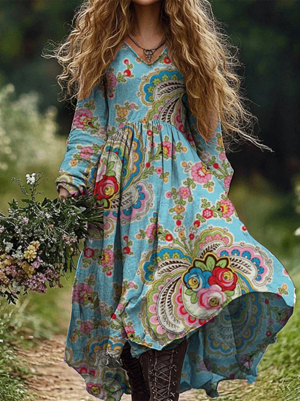 Retro Boho Floral Print Vintage Chic V-Neck Cotton Long Sleeve Midi Dress