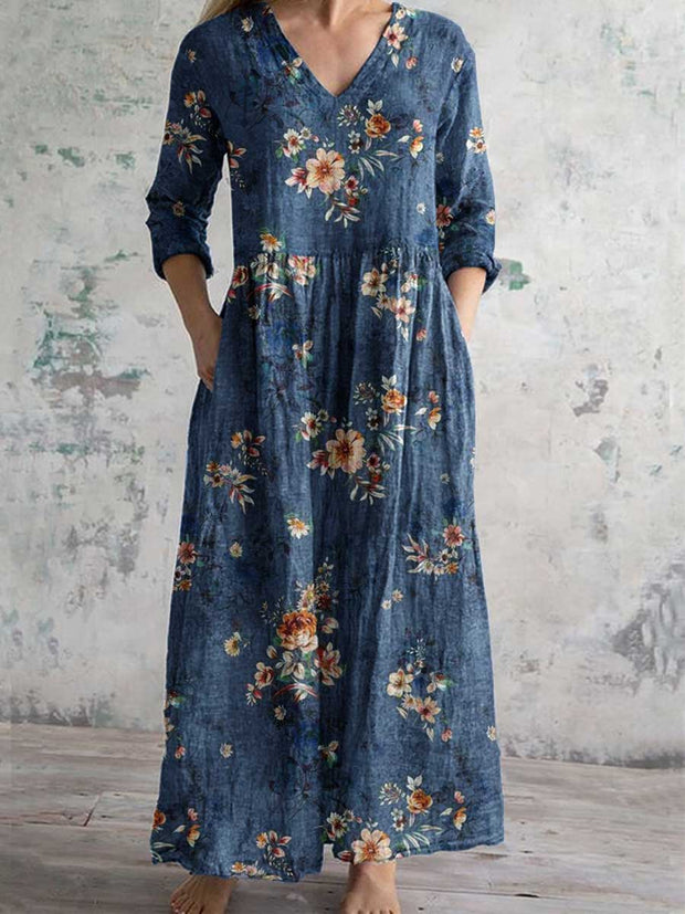 Women's Vintage Floral Print Chic V-Neck Bohemian Elegant Midi