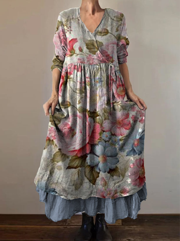 Retro Boho Floral Print Vintage V-Neck Double Hemline Cotton Long Sleeve Midi Dress