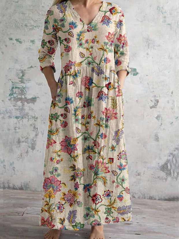 Women's Vintage Floral Print Chic V-Neck Bohemian Elegant Midi