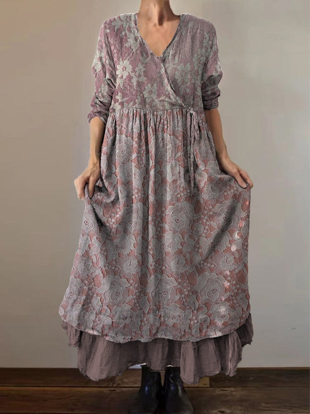 Retro Boho Floral Print Vintage V-Neck Double Hemline Cotton Long Sleeve Midi Dress