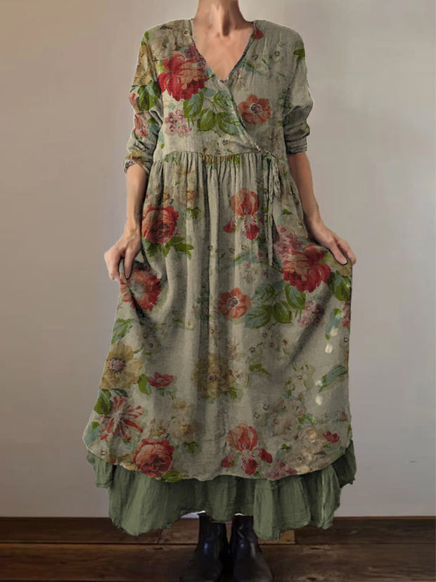 Retro Boho Floral Print Vintage V-Neck Double Hemline Cotton Long Sleeve Midi Dress