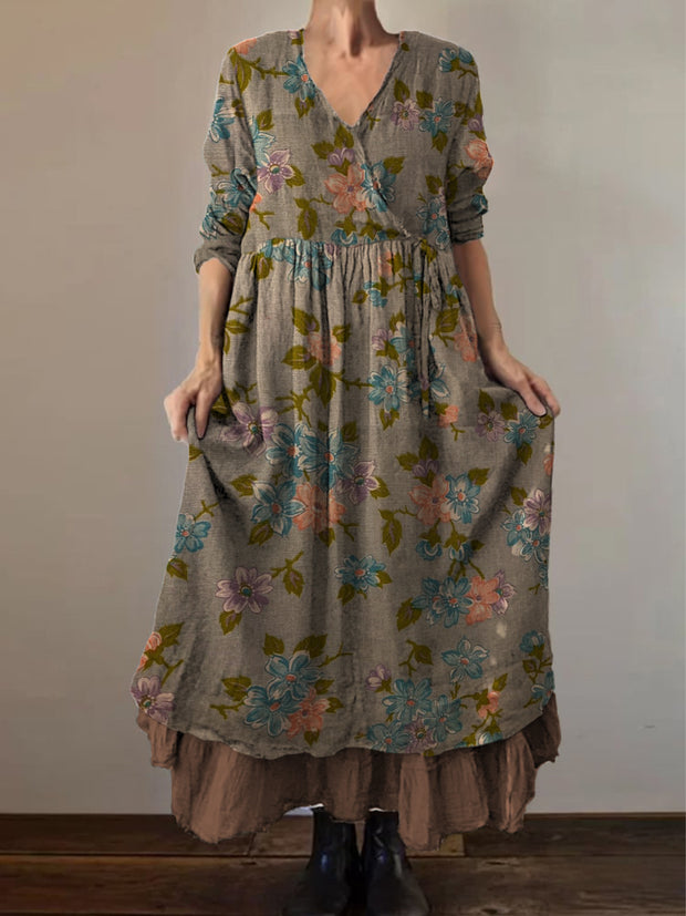 Retro Boho Floral Print Vintage V-Neck Double Hemline Cotton Long Sleeve Midi Dress