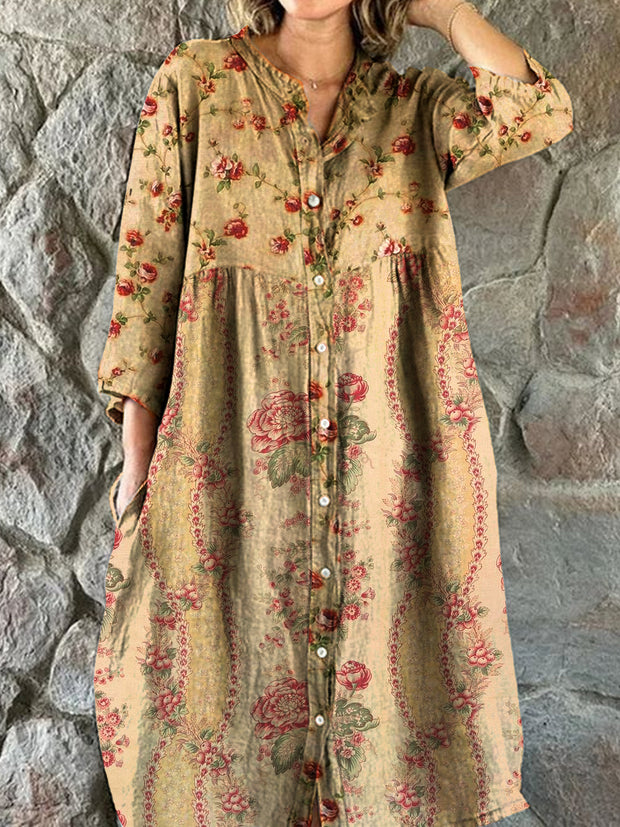 Vintage Bohemian Floral Art Print Chic V Neck Three Quarter Sleeve Button Elegant Midi Dress