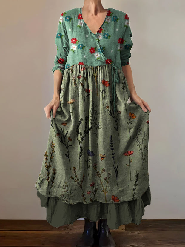 Vintage V-Neck Bohemian Floral Print Elegant Chic Loose Midi Dress