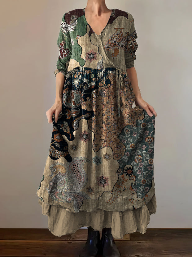 Vintage V-Neck Bohemian Floral Print Elegant Chic Loose Midi Dress