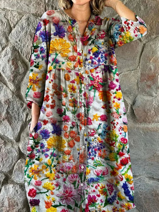 Vintage Bohemian Floral Art Print Chic V Neck Three Quarter Sleeve Button Elegant Midi Dress