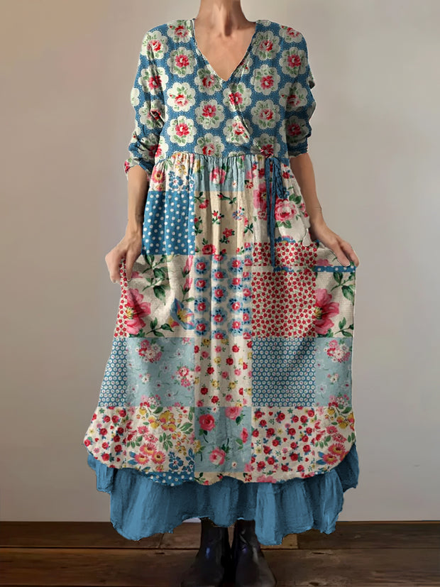 Vintage V-Neck Bohemian Floral Print Elegant Chic Loose Midi Dress