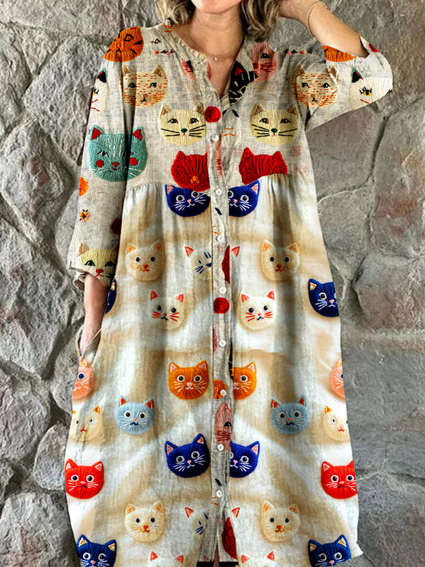 Vintage Cat Art Print Chic V Neck Three Quarter Sleeve Button Elegant Midi Dress