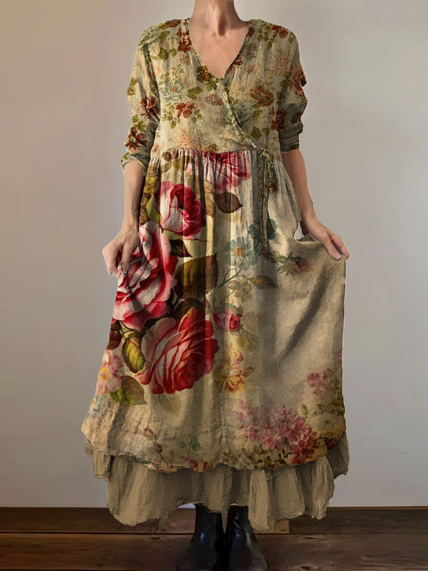 Vintage V-Neck Bohemian Floral Print Elegant Chic Loose Midi Dress