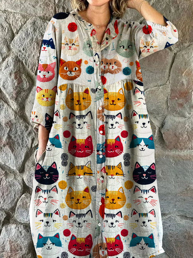 Vintage Cat Art Print Chic V Neck Three Quarter Sleeve Button Elegant Midi Dress