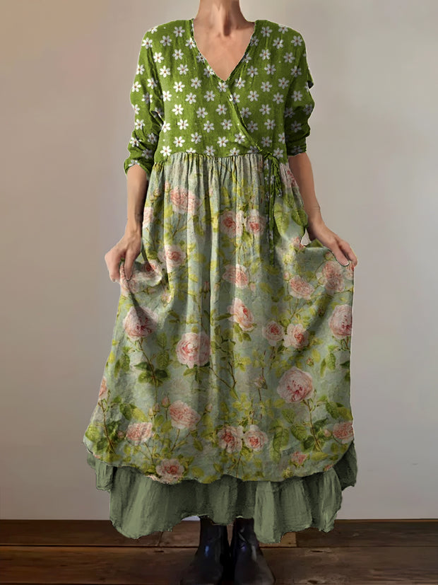 Vintage V-Neck Bohemian Floral Print Elegant Chic Loose Midi Dress