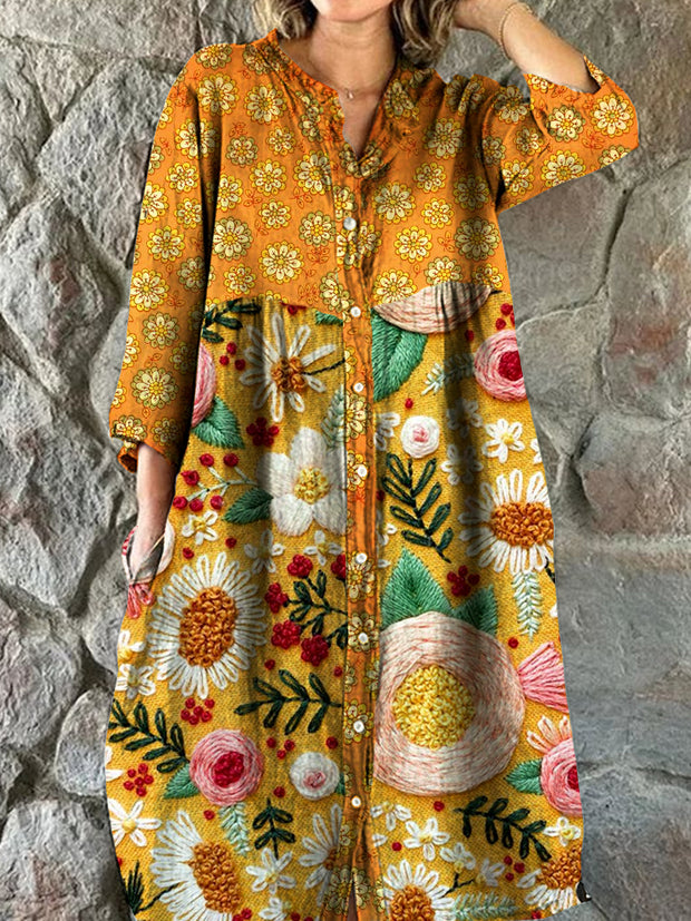 Vintage Bohemian Floral Art Print Chic V Neck Three Quarter Sleeve Button Elegant Midi Dress