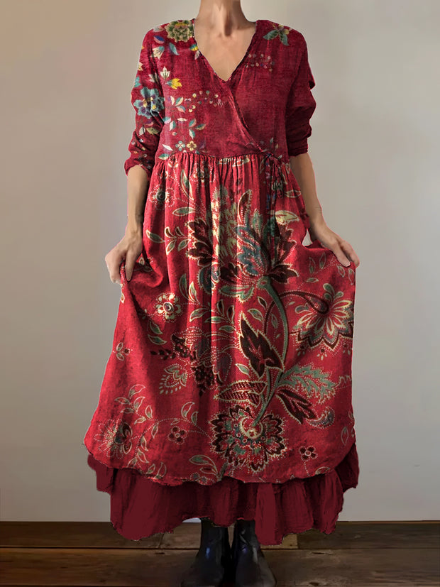 Vintage V-Neck Bohemian Floral Print Elegant Chic Loose Midi Dress