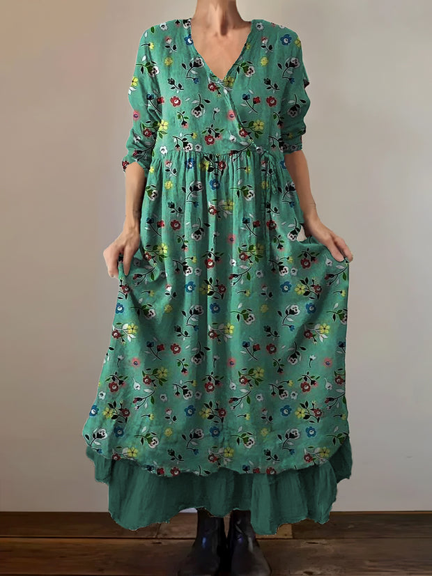 Vintage V-Neck Floral Art Print Elegant And Chic Loose Midi Dress