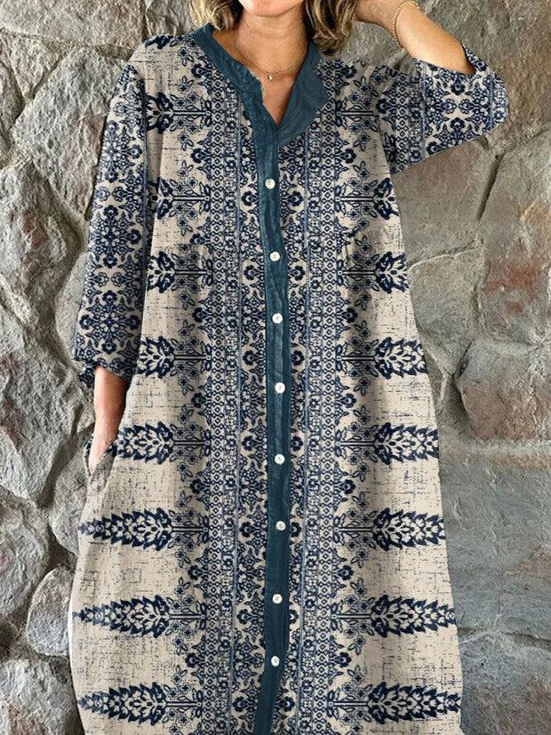 Vintage Textured Pattern Art Print Shirt Midi Dress