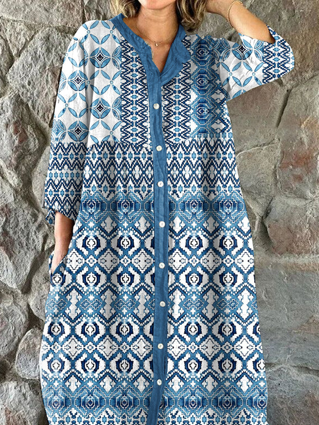 Vintage Textured Pattern Art Print Shirt Midi Dress