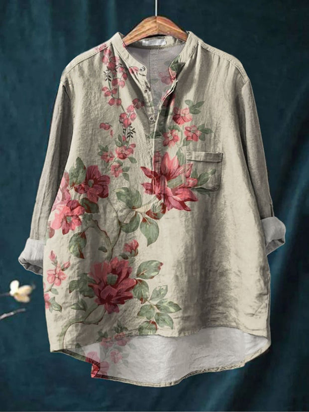 Retro Boho Floral Print Casual Long Sleeve Comfortable Cotton Shirt