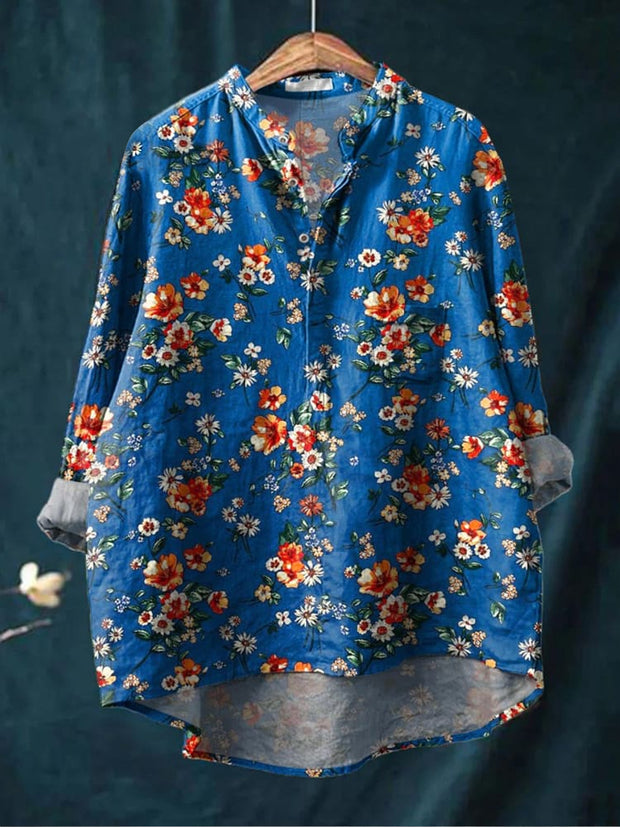 Retro Boho Floral Print Casual Long Sleeve Comfortable Cotton Shirt