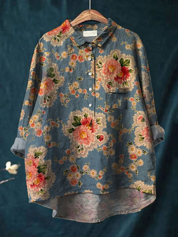 Women's Vintage Art Print Casual Cotton and Linen Round Neck Button Pocket Mid-Length Sleeve Shirt Tops