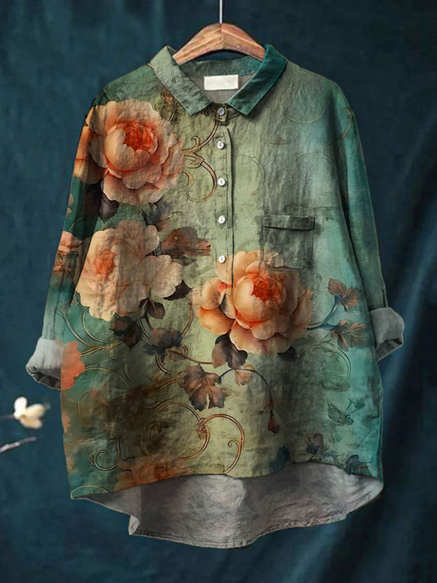 Women's Vintage Art Print Casual Cotton and Linen Round Neck Button Pocket Mid-Length Sleeve Shirt Tops