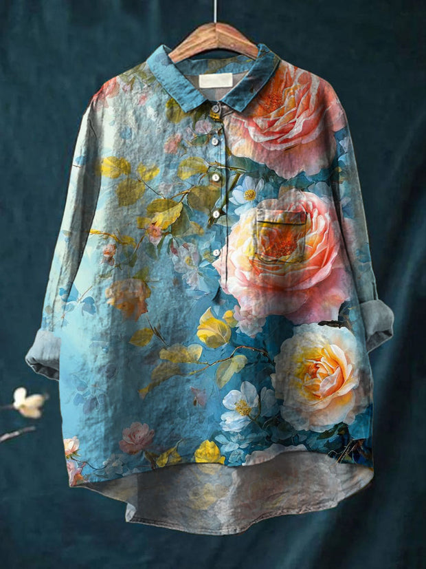 Women's Vintage Art Print Casual Cotton and Linen Round Neck Button Pocket Mid-Length Sleeve Shirt Tops