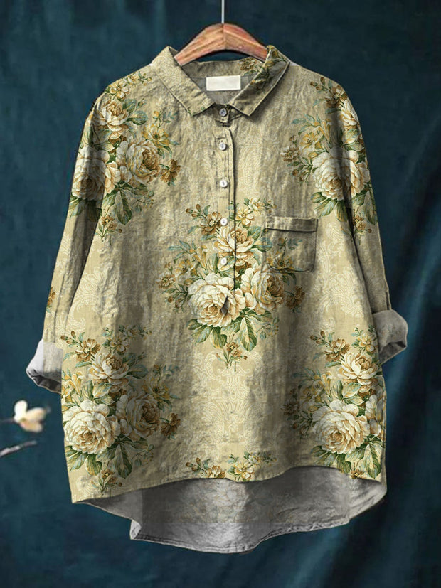 Women's Vintage Art Print Casual Cotton and Linen Round Neck Button Pocket Mid-Length Sleeve Shirt Tops