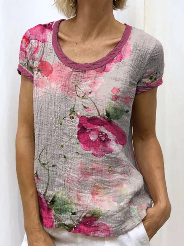 Retro Floral Art Printed Round Neck Button Pocket Linen Mid Long Sleeve Shirt