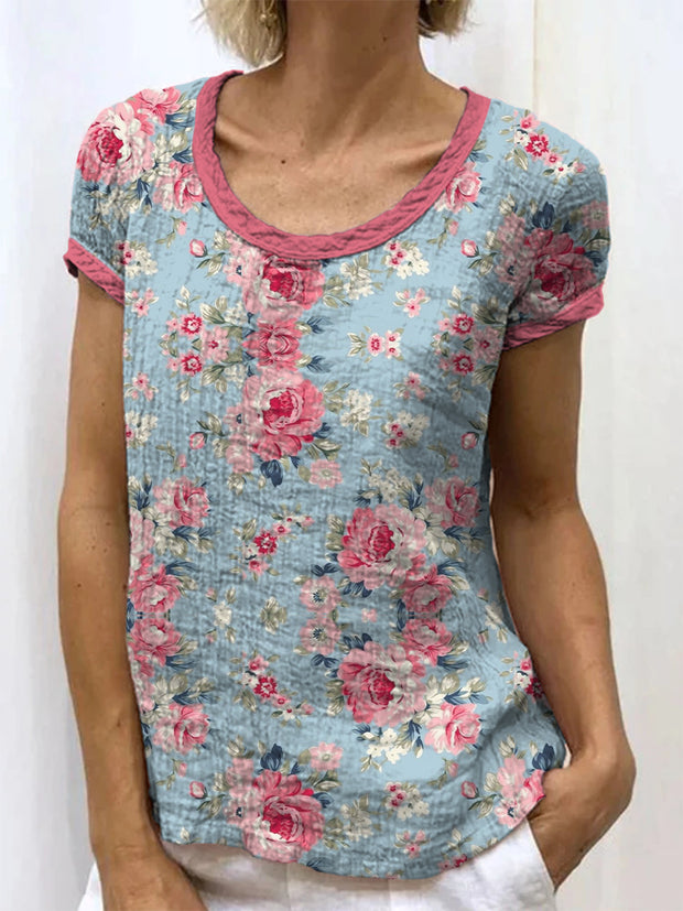 Retro Floral Art Printed Round Neck Button Pocket Linen Mid Long Sleeve Shirt