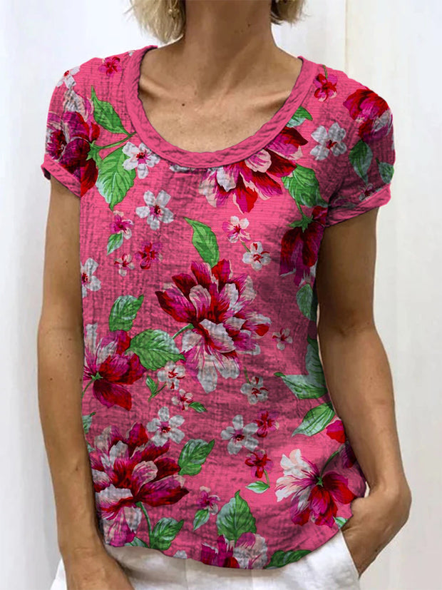 Retro Floral Art Printed Round Neck Button Pocket Linen Mid Long Sleeve Shirt