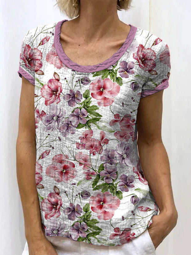 Retro Floral Art Printed Round Neck Button Pocket Linen Mid Long Sleeve Shirt