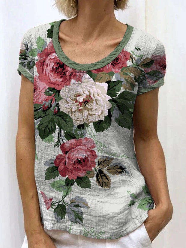 Retro Floral Art Printed Round Neck Button Pocket Linen Mid Long Sleeve Shirt