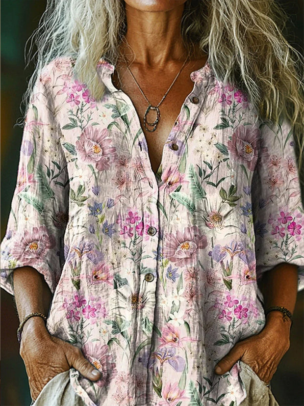 Retro Boho Floral Art Printed Vintage Chic V-Neck Button Pocket Cotton Long Sleeve Shirt