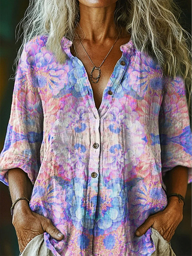 Retro Boho Floral Art Printed Vintage Chic V-Neck Button Pocket Cotton Long Sleeve Shirt