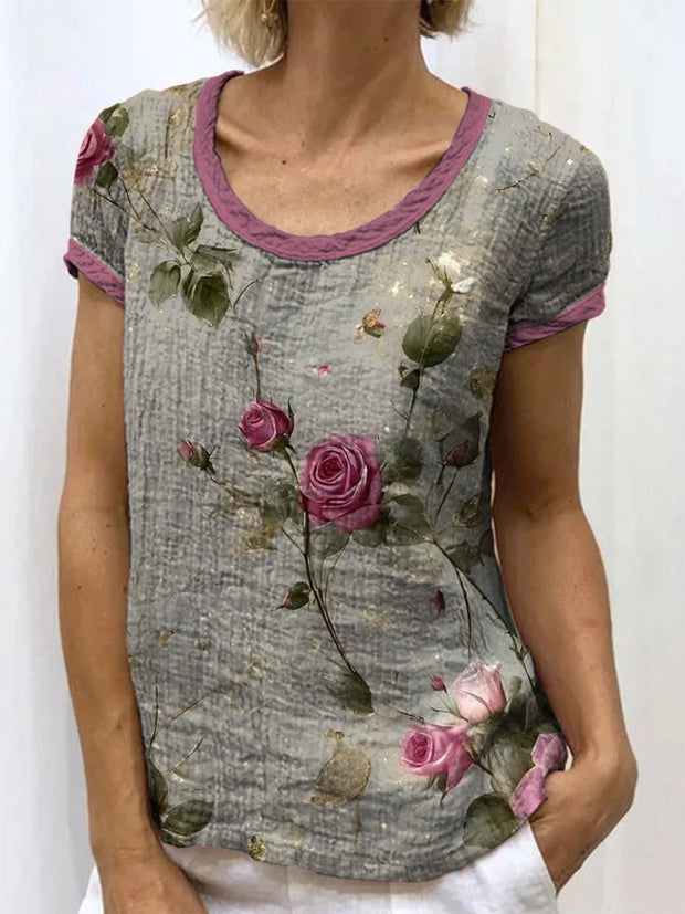 Retro Floral Art Printed Round Neck Button Pocket Linen Mid Long Sleeve Shirt