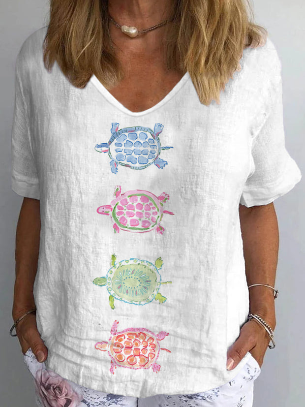 Women's Boho Style Turtle Print Cotton Linen V-Neck T-Shirt