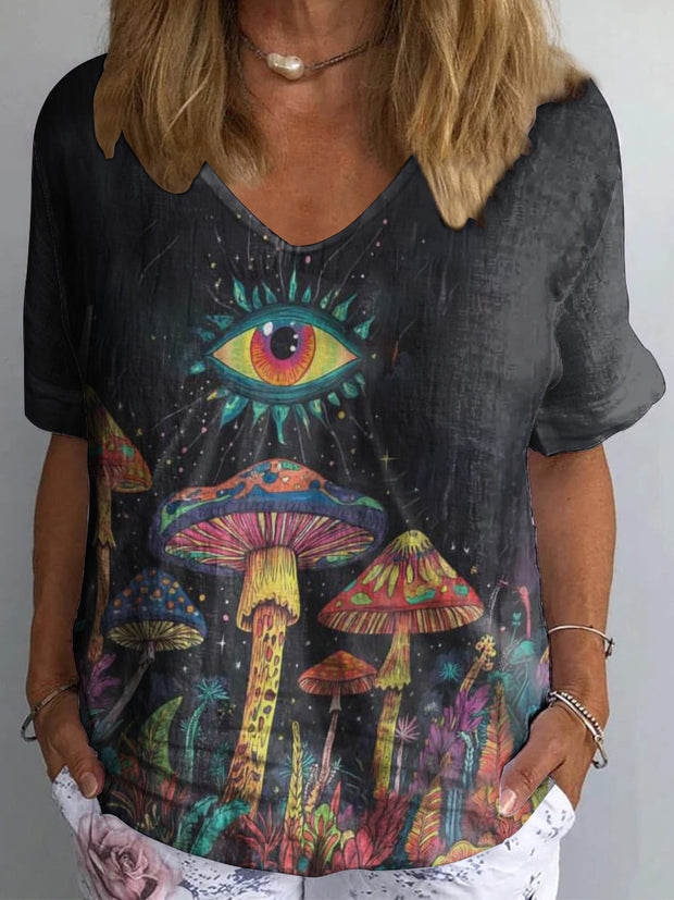 Women's Vintage Boho Mushrooms Print Cotton Linen V-Neck T-Shirt