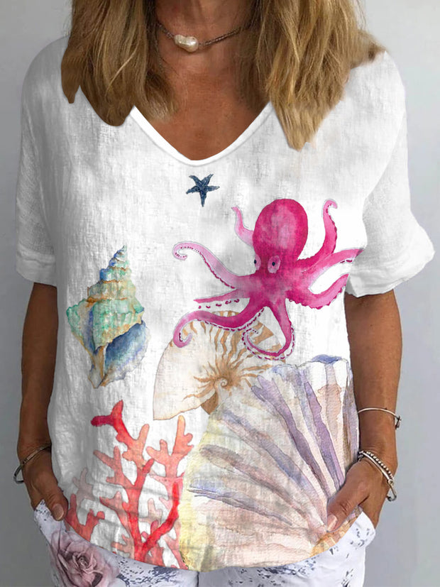 Women's Vintage Sea Animals Art Print Casual Cotton Linen Round Neck Top